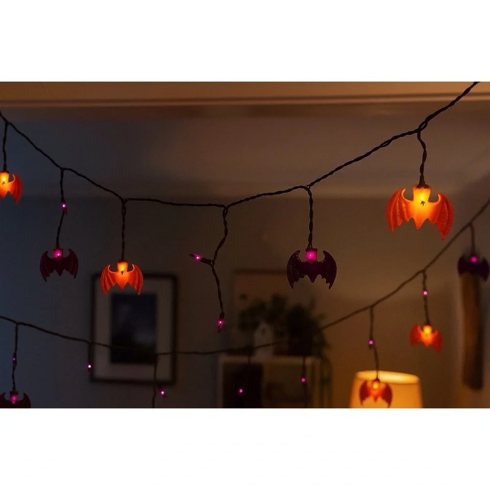 Kurt Adler UL 10 Orange Purple Green Bat Icicle String Halloween Light Set
